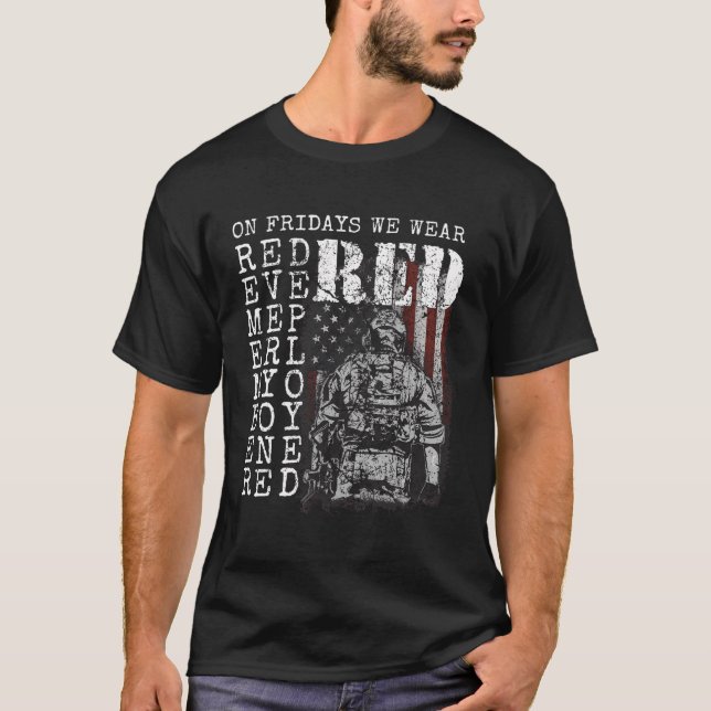 On Fridays We Wear Red Friday American Flag Milita T-Shirt (Front)