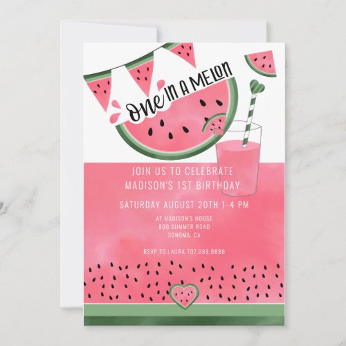 On In A Melon Watercolor Watermelon 1st Birthday I Invitation