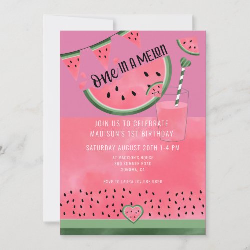 On In A Melon Watercolor Watermelon 1st Birthday Invitation