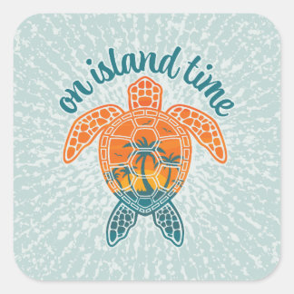 On Island Time Tropical Sunset Sea Turtle Design Square Sticker