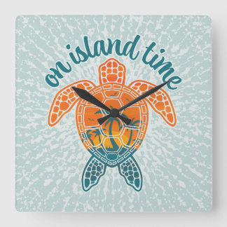 On Island Time Tropical Sunset Sea Turtle Design Square Wall Clock