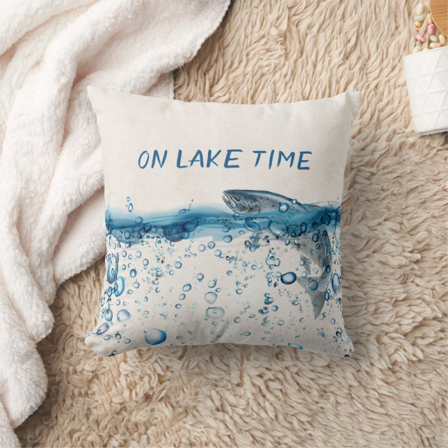 On Lake Time text with lake trout Throw Pillow (Blanket)