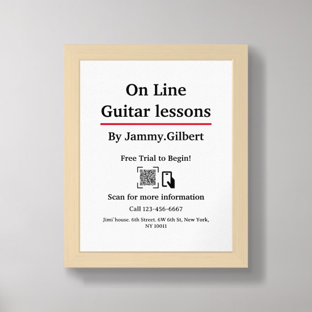 On Line Guitar Lessons Flyer Double-sided printing Framed Art (Framed Front)