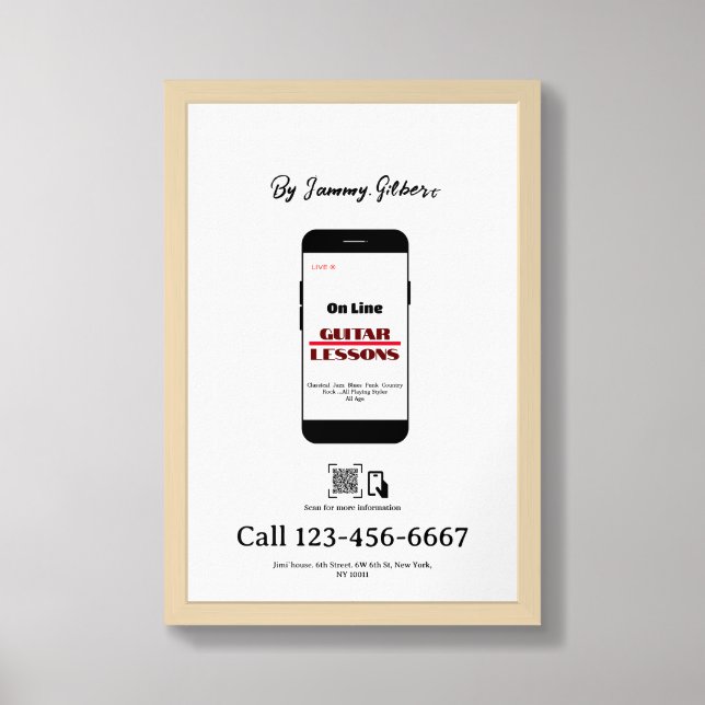 On Line Guitar Lessons Flyer Double-sided printing Framed Art (Framed Front)