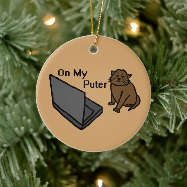 On My Puter Funny Computer Brown Cat Meme Ceramic Ornament (Tree)