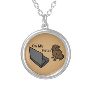 On My Puter Funny Computer Brown Cat Meme Silver Plated Necklace