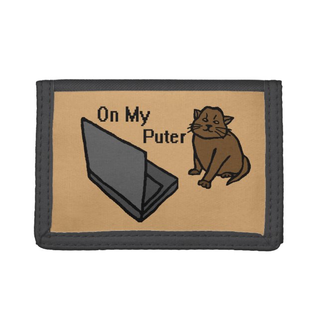 On My Puter Funny Computer Brown Cat Meme Tri-fold Wallet (Front)