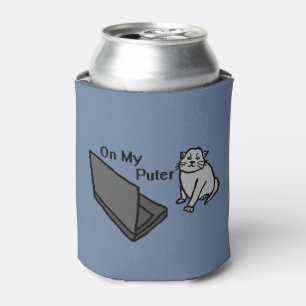 On My Puter Funny Computer Gray Cat Meme Can Cooler