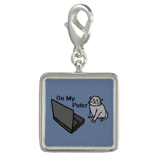 On My Puter Funny Computer Gray Cat Meme Charm (Front)