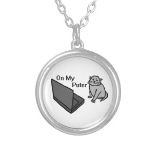 On My Puter Funny Computer Gray Cat Meme Silver Plated Necklace