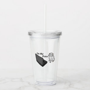 On My Puter Funny Computer White Cat Meme Acrylic Tumbler