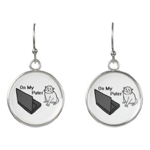 On My Puter Funny Computer White Cat Meme Earrings