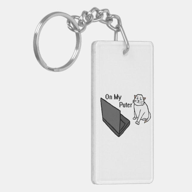 On My Puter Funny Computer White Cat Meme Keychain (Front Left)