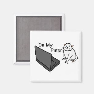On My Puter Funny Computer White Cat Meme Magnet