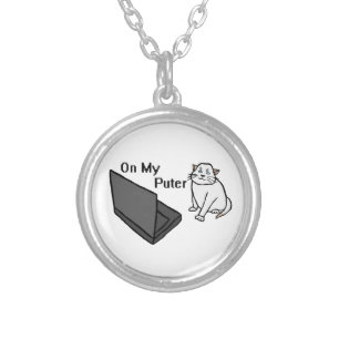 On My Puter Funny Computer White Cat Meme Silver Plated Necklace