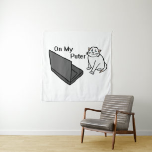 On My Puter Funny Computer White Cat Meme Tapestry