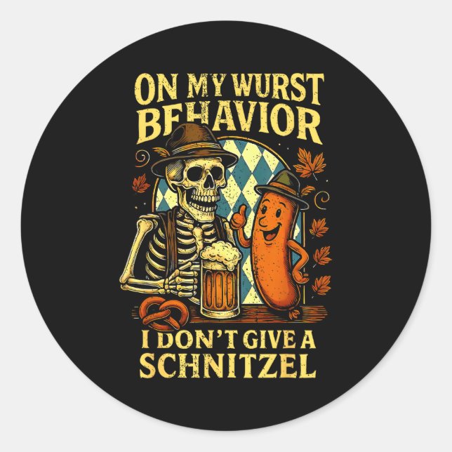 On My Wurst Behavior Funny Skeleton And Dog  Classic Round Sticker (Front)