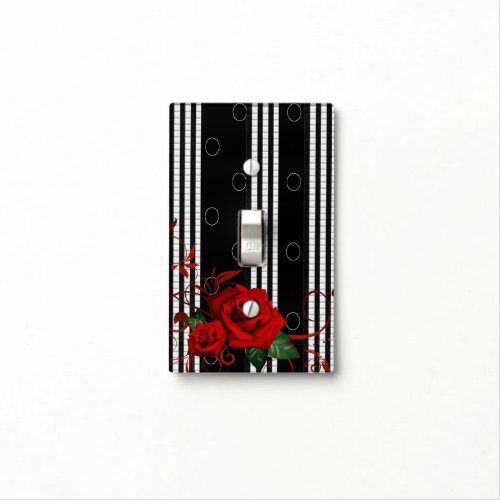 On Off Light Switch Cover Red Rose Floral Black