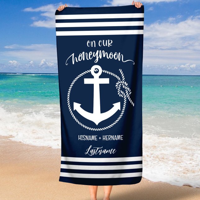 On Our Honeymoon Navy Nautical Anchor Rope Beach Towel (Creator Uploaded)