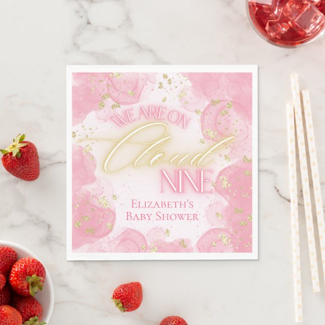 On Pink Cloud Nine 9 Gold Glitter Girl Baby Shower Napkins (Insitu)