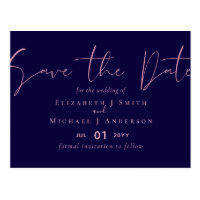 ON SALE! Navy Blue Rosegold Save the Date Wedding Postcard