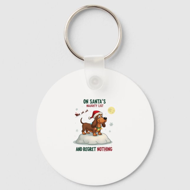 On Santa's Xmas Naughty List Regret Nothing Basset Keychain (Front)