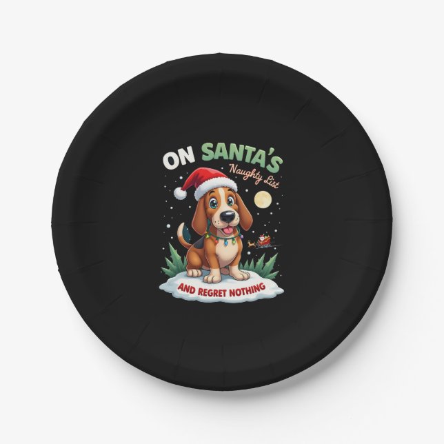 On Santa's Xmas Naughty List Regret Nothing Basset Paper Plates (Front)