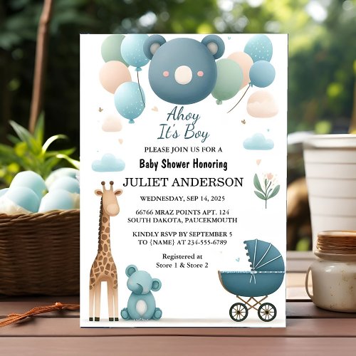 On Soft Boho Bear Blue Cub Welcome Baby Boy Shower Invitation