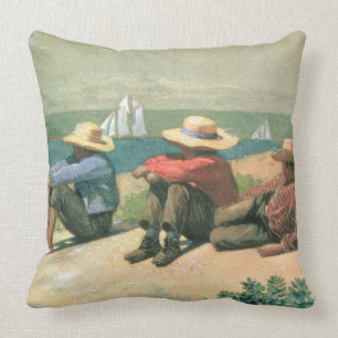 On the Beach, 1875 (w/c) Throw Pillow