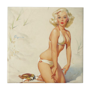 On the Beach Retro Pin-up Girl Ceramic Tile