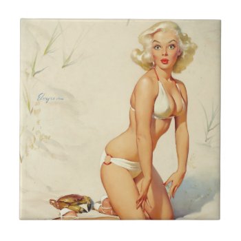 On The Beach Retro Pin-up Girl Ceramic Tile by PinUpGallery at Zazzle