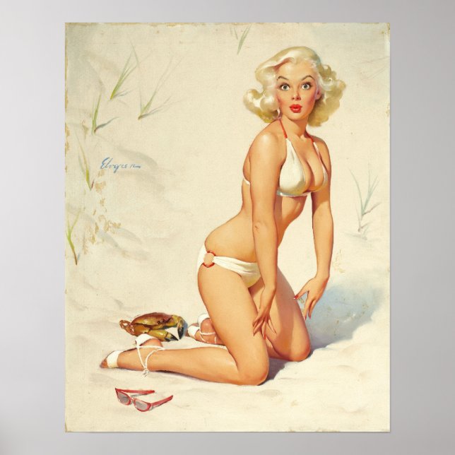 On the Beach Retro Pin-up Girl Poster (Front)