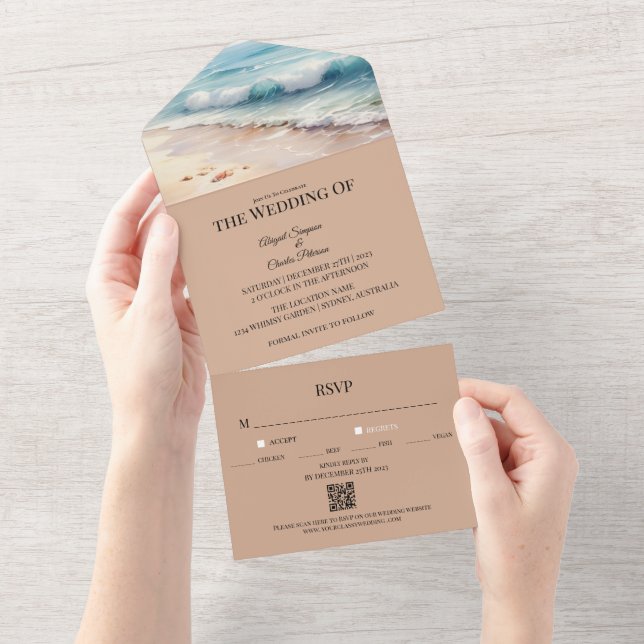 On the beach watercolor wedding invite (Tearaway)