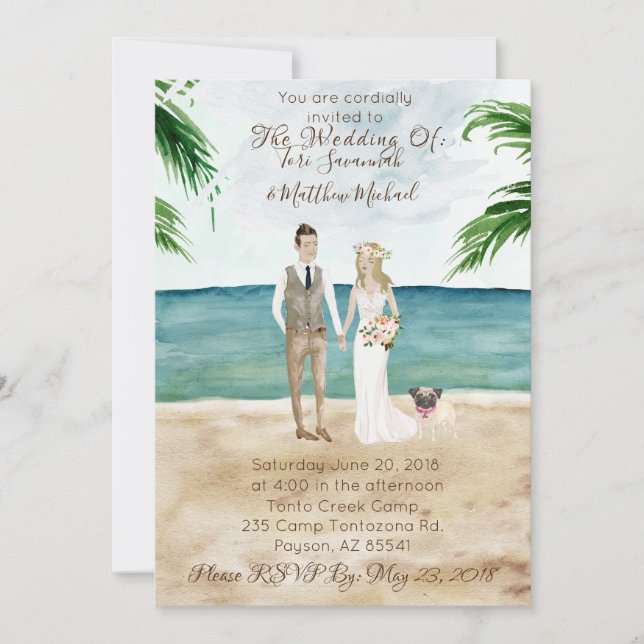 On The Beach Wedding Invitation - With Pet Pug (Front)