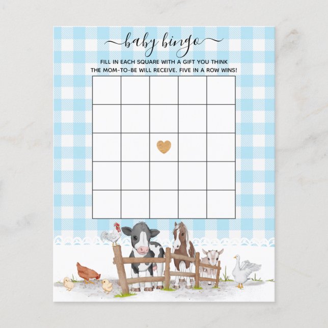 On The Farm Animals Baby Shower Bingo Game (Front)