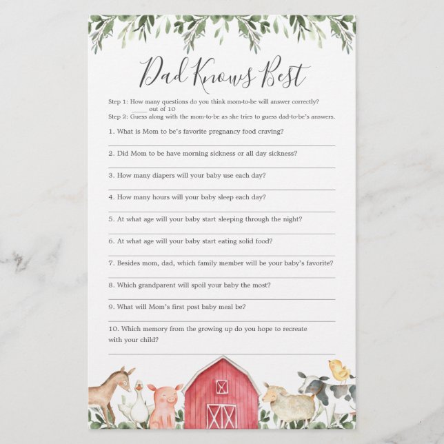 On The Farm Baby Shower Dad Knows Best Game (Front)