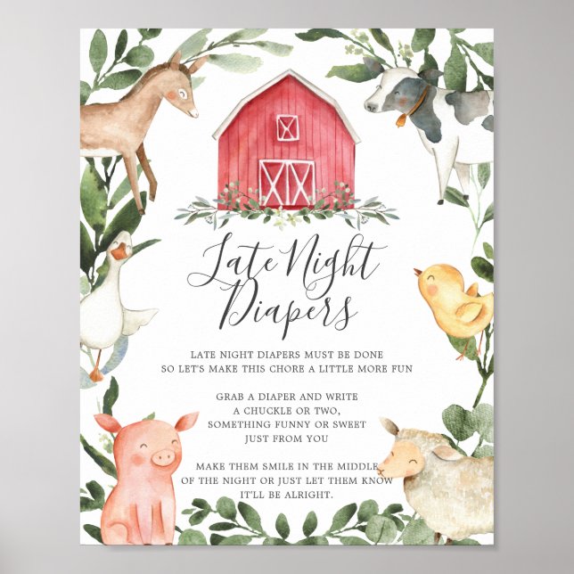 On The Farm Baby Shower Late Night Diapers Sign (Front)