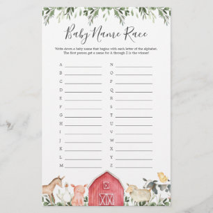 On The Farm Baby Shower Name Race Game