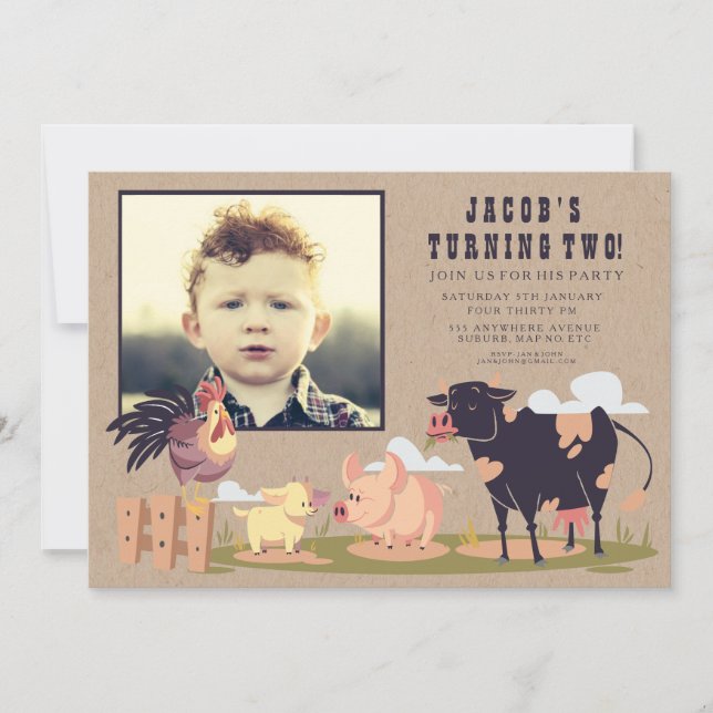 On the Farm Barnyard Kids Birthday Photo Invite (Front)