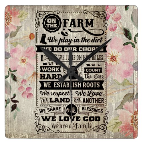&quot;On the Farm&quot;  Pink Floral Rustic  Barnwood-look Square Wall Clock