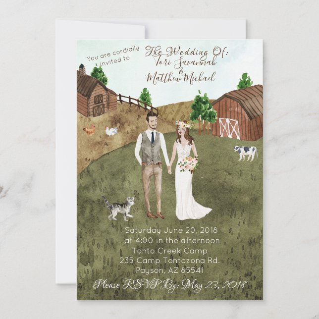 On The Farm Wedding Invitation - Brunette- Pet Cat (Front)
