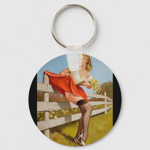 On the Fence 1959 Pin Up Art Keychain