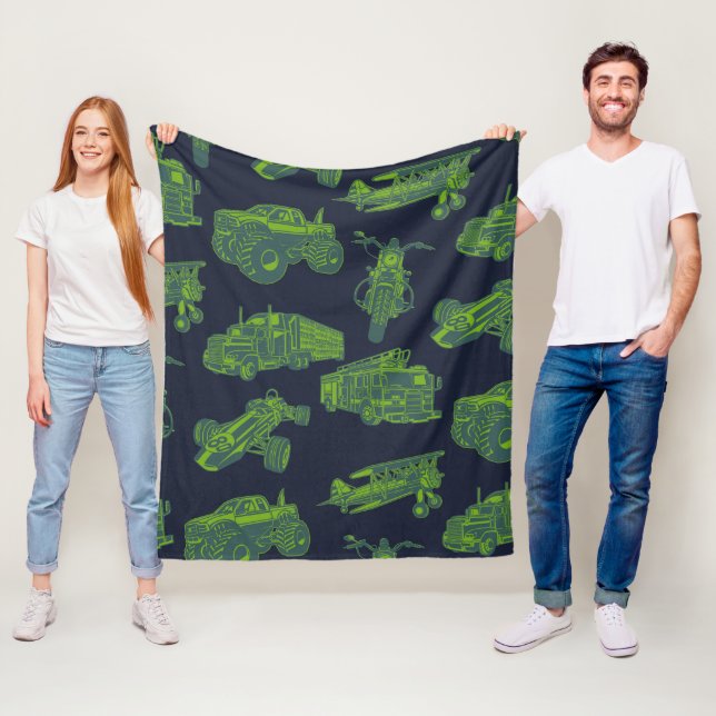 On the Go Blue & Green Moving Vehicles Cars Boys Fleece Blanket (In Situ)