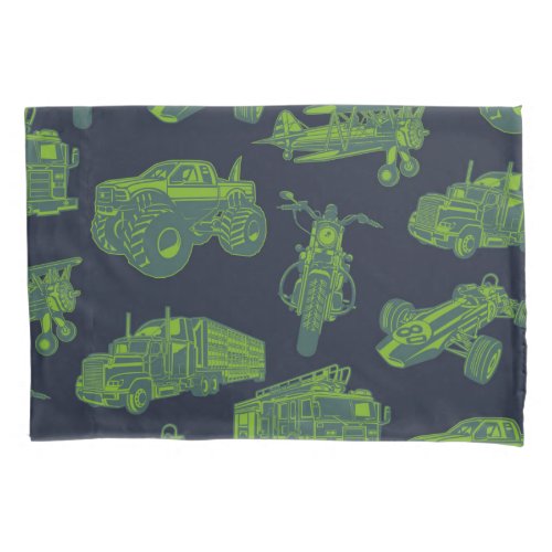 On the Go Blue  Green Moving Vehicles Cars Boys Pillow Case