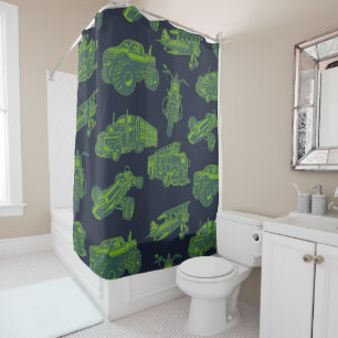 On the Go Blue & Green Moving Vehicles Cars Boys Shower Curtain