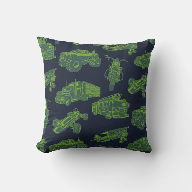 On the Go Blue & Green Moving Vehicles Cars Boys Throw Pillow (Front)