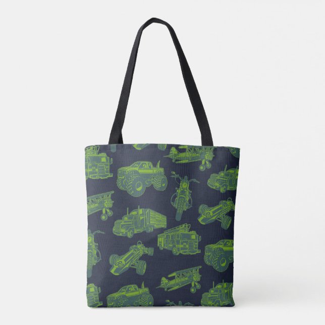 On the Go Blue & Green Moving Vehicles Cars Boys Tote Bag (Back)