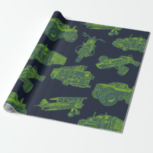 On the Go Blue & Green Moving Vehicles Cars Boys Wrapping Paper