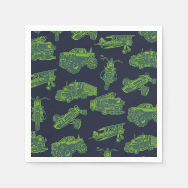 On the Go Blue & Green Moving Vehicles Cars Party Napkins (Front)