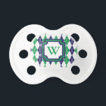 On the Green Argyle Pacifier<br><div class="desc">Argyle goes 8-bit with this classic navy blue, kelly green, and white color scheme with a light gray contrast stitch creating a perfect pattern for the golf course. Customize the monogram with the appropriate initial for a personalized touch.</div>